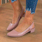 Orthopedic Leather V-Cut Block Heel Pumps - Topstitch Detail