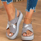 Orthopedic Platform Wedge Sandals - Metallic & Suede