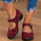 Orthopedic Suede Mary Jane Block Heels - Ring Buckle & Cutout Detail
