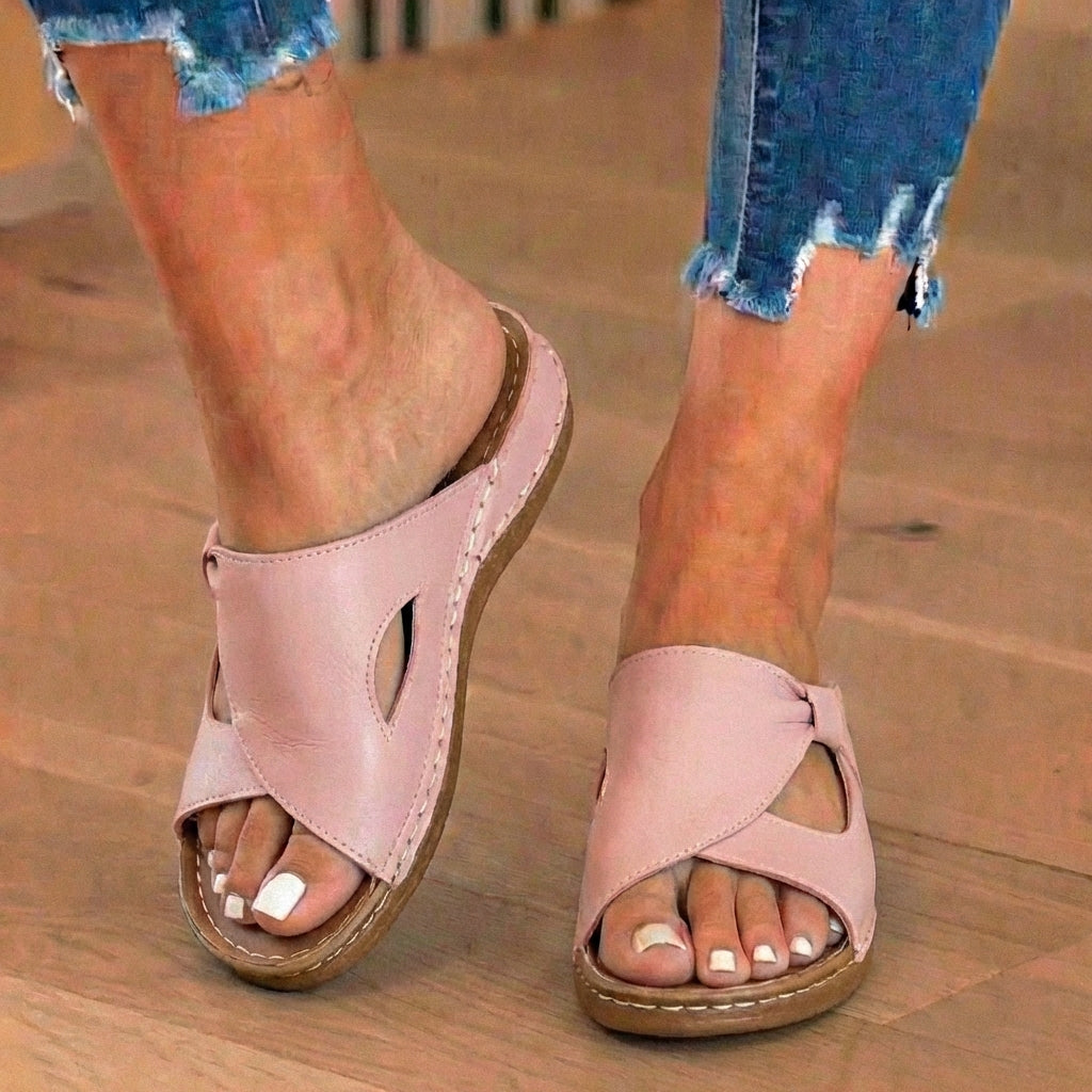 Orthopedic Leather Crossover Slide Sandals - Contrast Stitching Detail