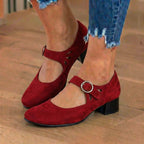 Orthopedic Suede Mary Jane Block Heels - Ring Buckle & Cutout Detail