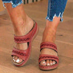 Orthopedic Leather Braided Slide Sandals - Triple Strap Woven Detail