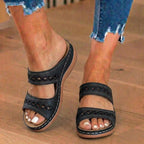 Orthopedic Leather Braided Slide Sandals - Triple Strap Woven Detail