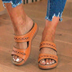 Orthopedic Leather Braided Slide Sandals - Triple Strap Woven Detail