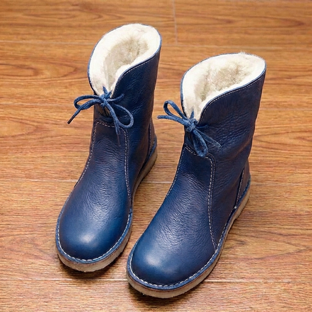 Orthopedic Leather Sherpa-Lined Ankle Boots - Lace-Up Winter Design