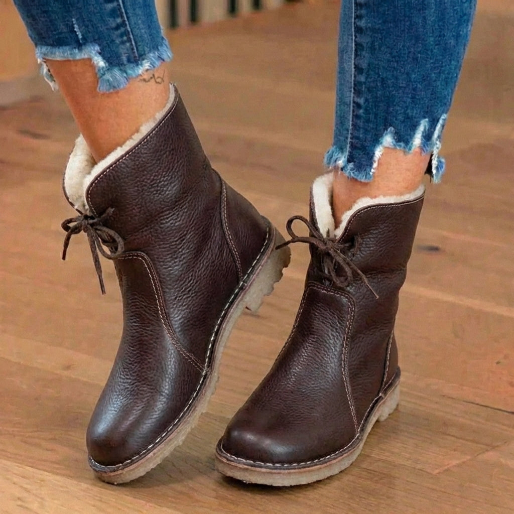 Orthopedic Leather Sherpa-Lined Ankle Boots - Lace-Up Winter Design