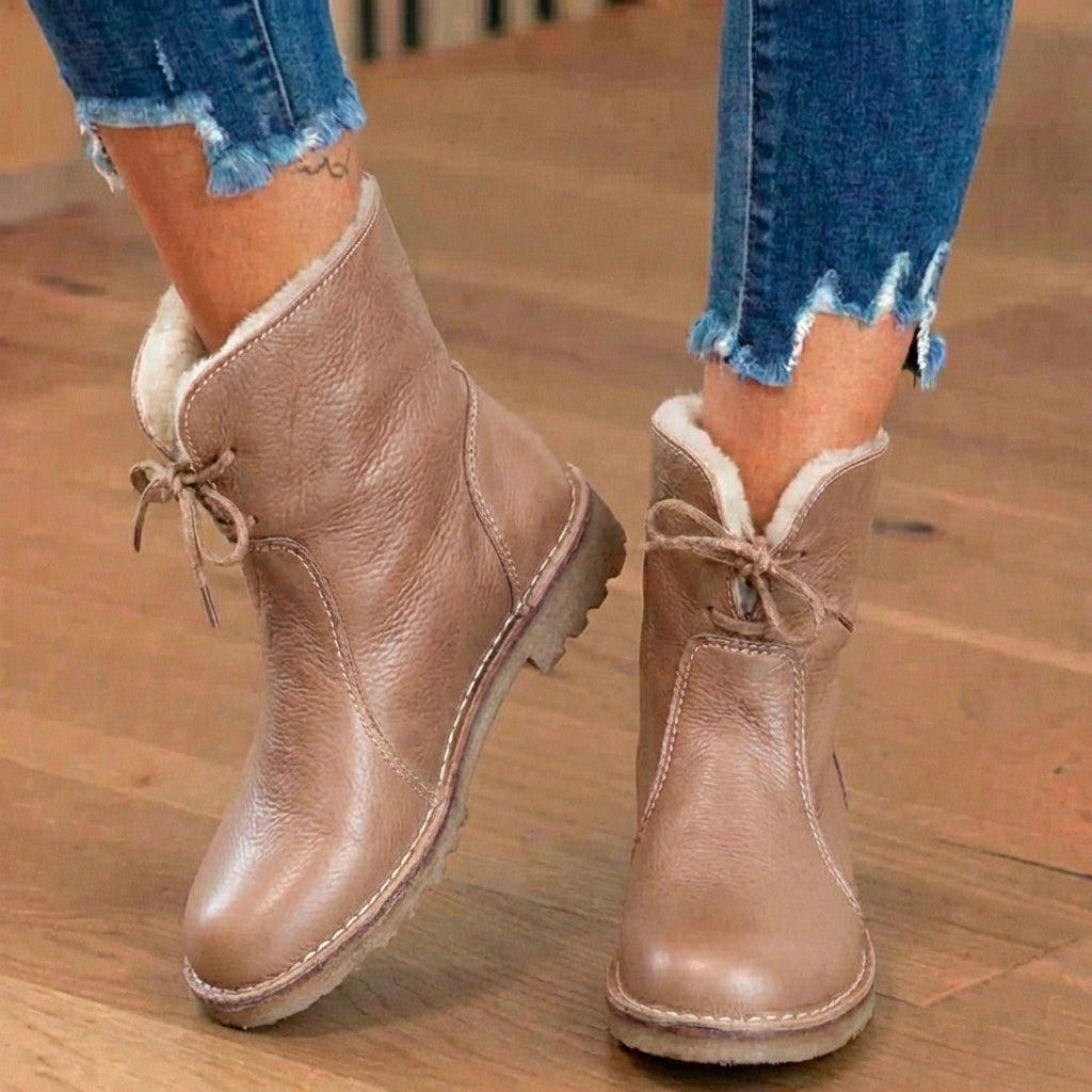 Orthopedic Leather Sherpa-Lined Ankle Boots - Lace-Up Winter Design