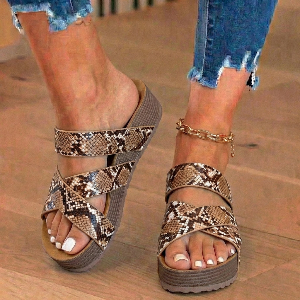 Orthopedic Leather Woven Platform Wedges - Crossover Strap Design