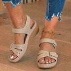 Orthopedic Leather Wedge Sandals - Perforated Detail & Velcro Straps