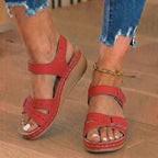 Orthopedic Leather Wedge Sandals - Perforated Detail & Velcro Straps