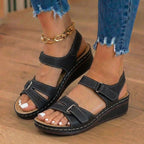 Orthopedic Leather Wedge Sandals - Perforated Detail & Velcro Straps