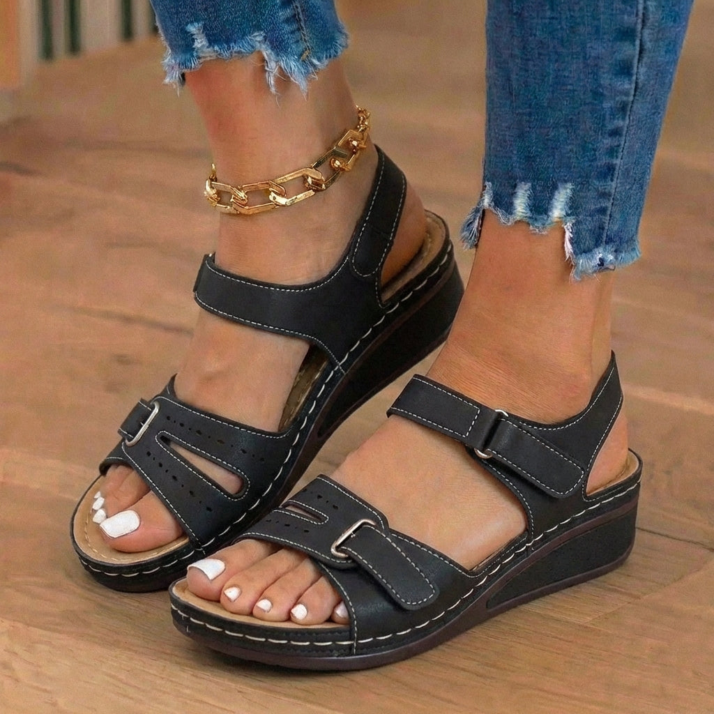 Orthopedic Leather Wedge Sandals - Perforated Detail & Velcro Straps