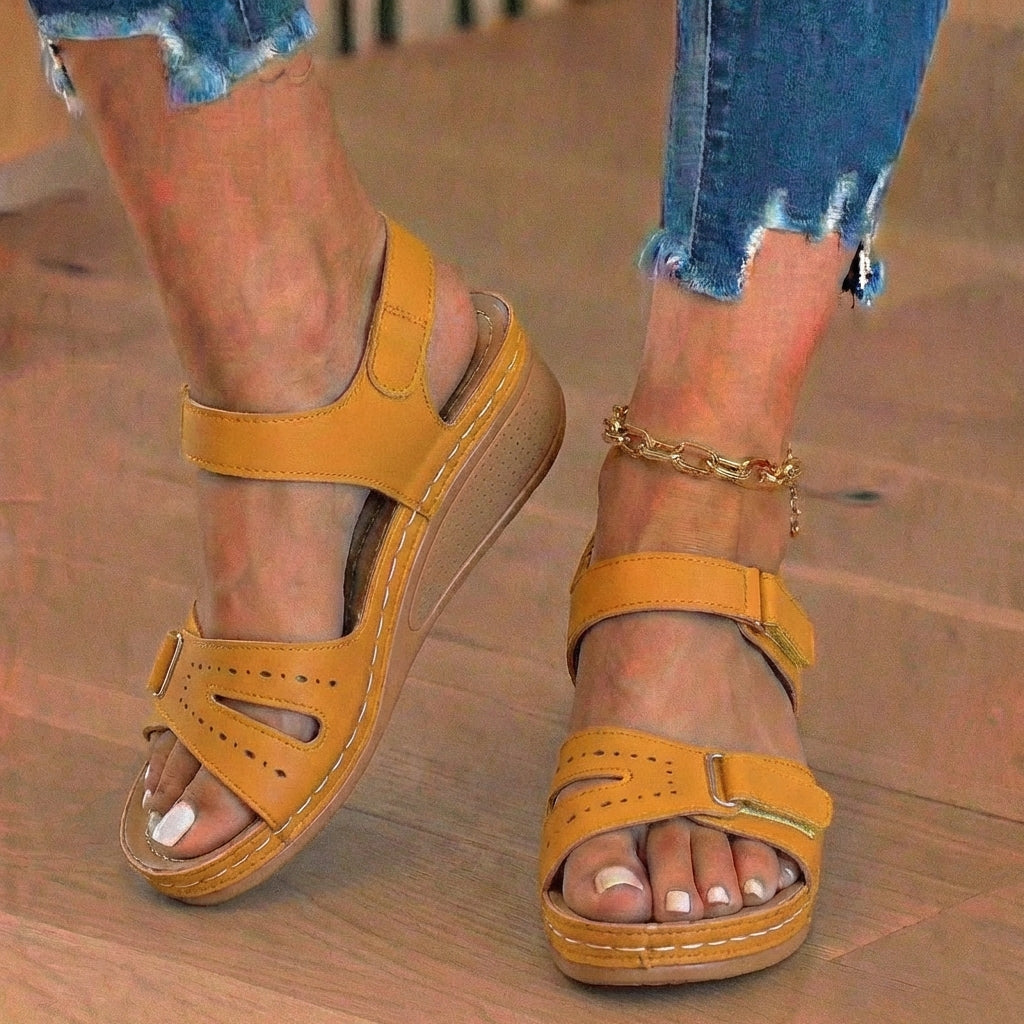 Orthopedic Leather Wedge Sandals - Perforated Detail & Velcro Straps