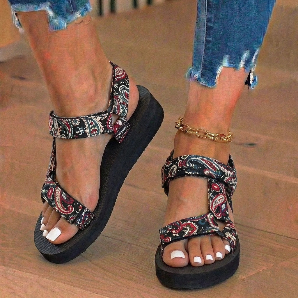 Orthopedic Tribal Print Platform Sandals - Adjustable Tie Straps