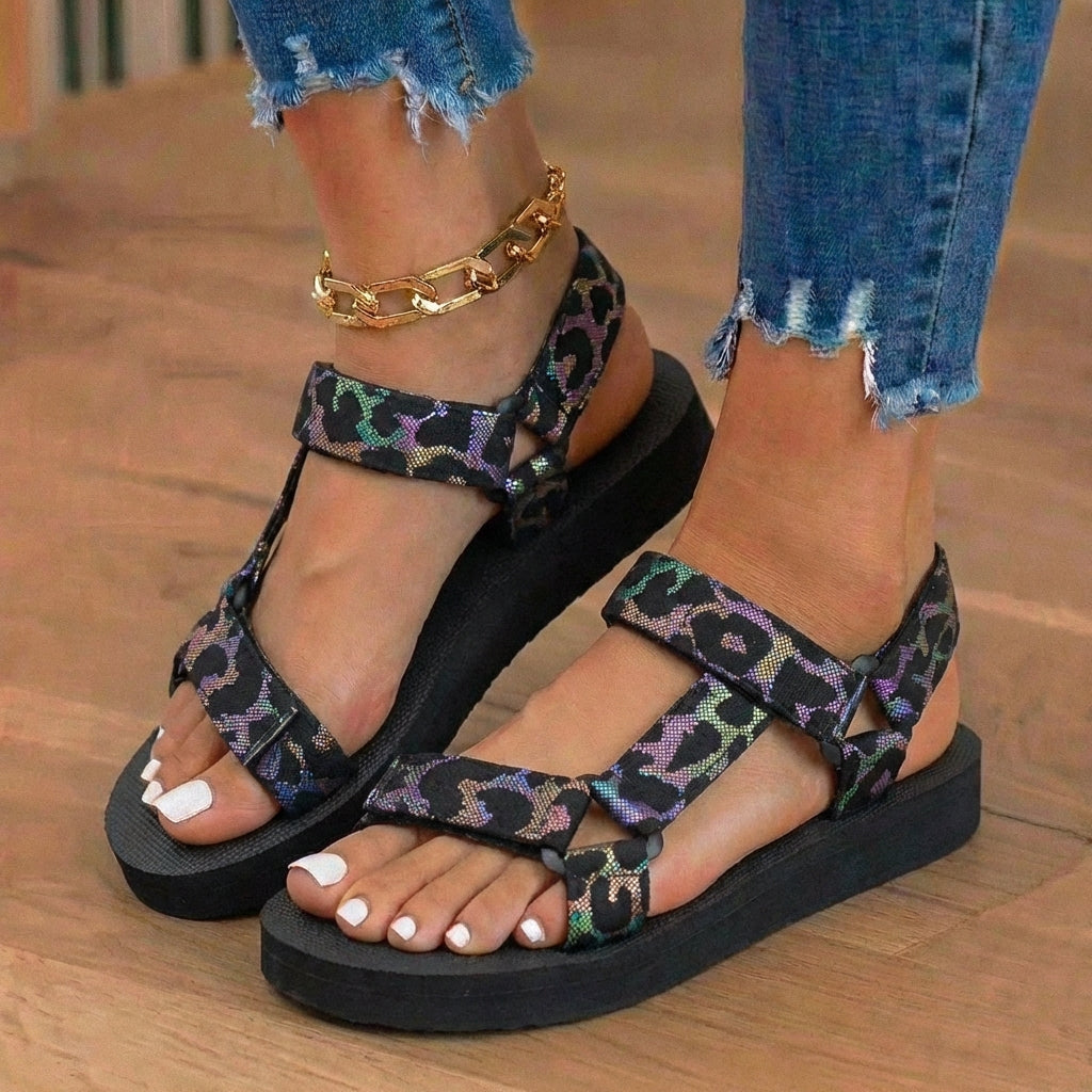 Orthopedic Tribal Print Platform Sandals - Adjustable Tie Straps