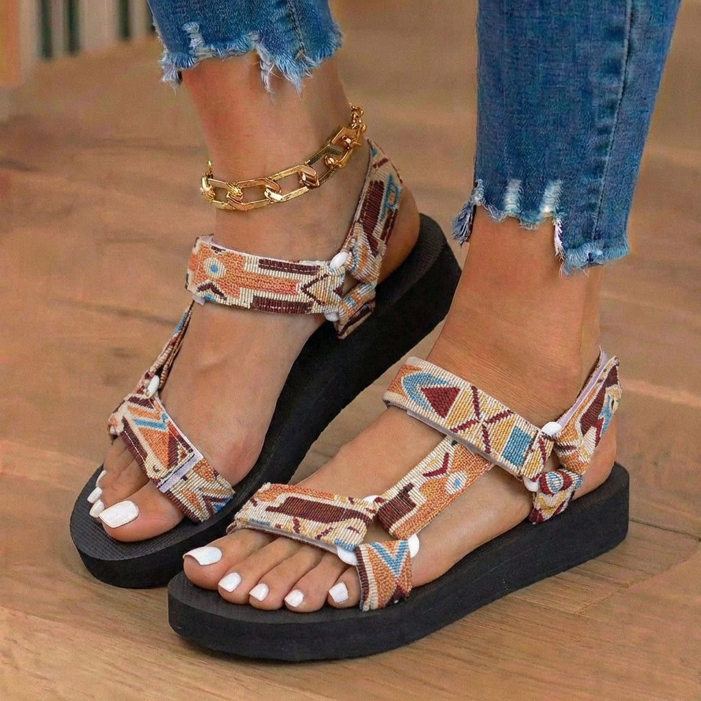 Orthopedic Tribal Print Platform Sandals - Adjustable Tie Straps