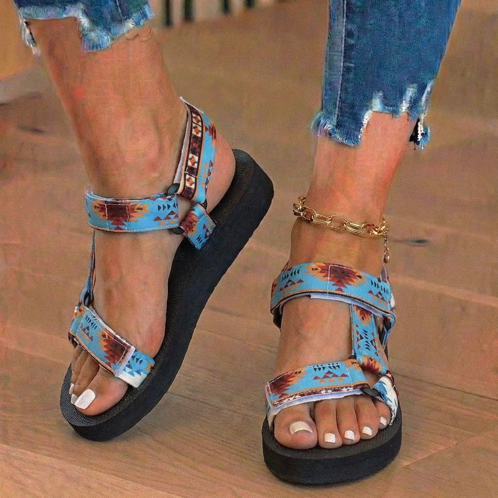 Orthopedic Tribal Print Platform Sandals - Adjustable Tie Straps