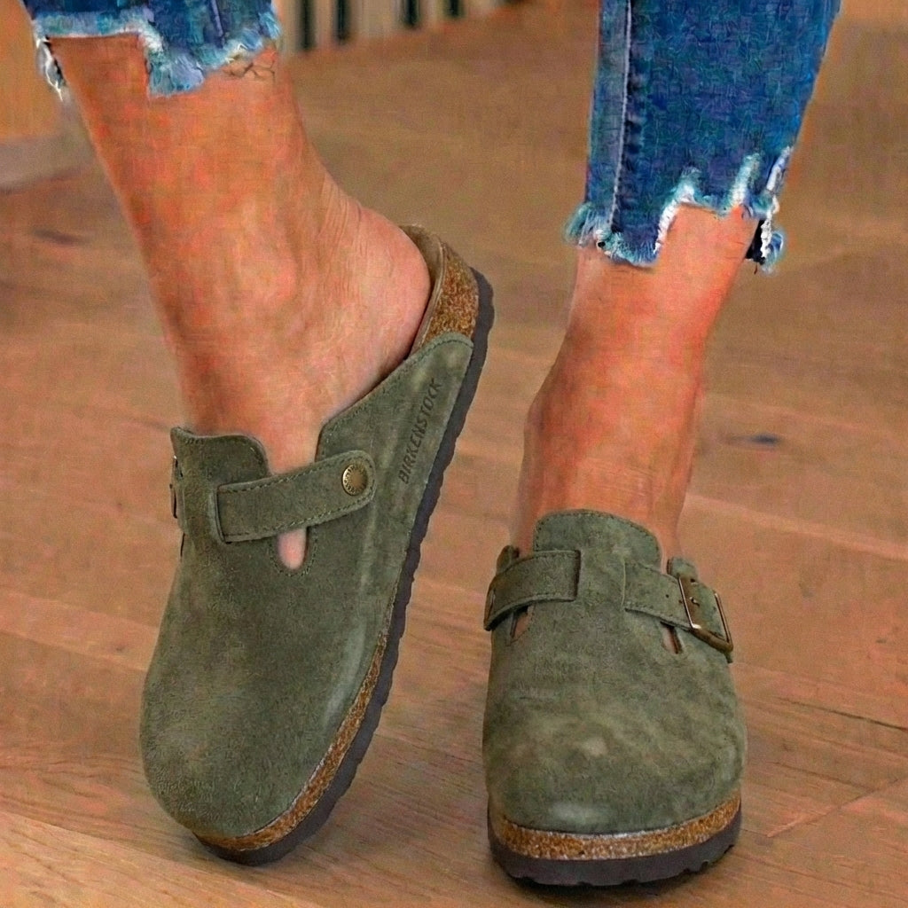 Orthopedic Suede Cork Footbed Clogs - Single Buckle Detail