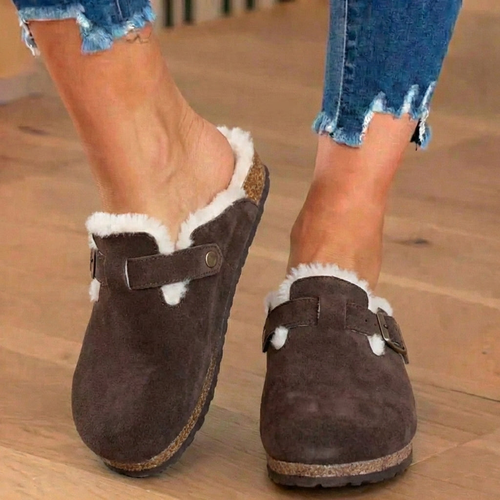 Orthopedic Suede Sherpa-Lined Clogs - Buckle Strap Closure