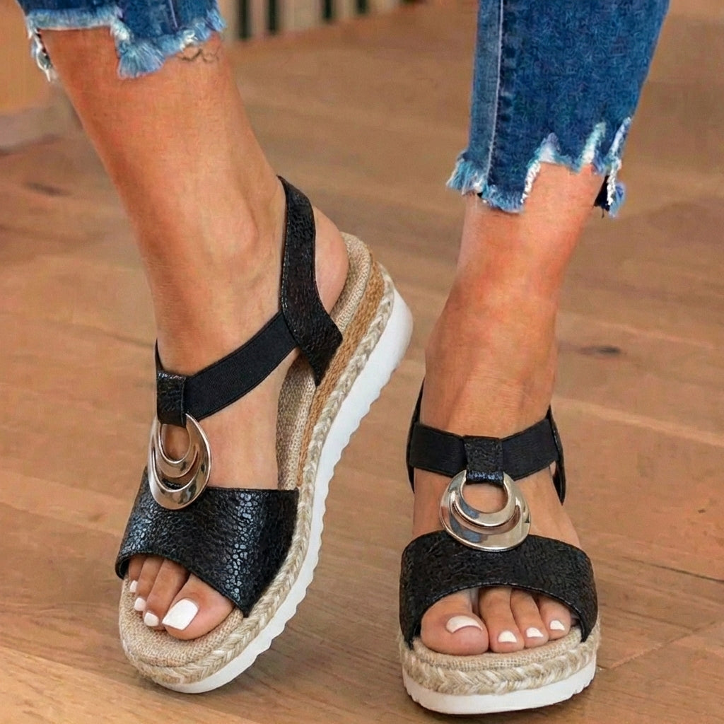 Orthopedic Textured Espadrille Platform Sandals - Triple Ring Hardware Detail