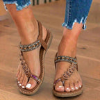 Orthopedic Leather Beaded Toe-Ring Sandals - Floral Embellishment & Hand-Stitched Detail