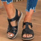 Orthopedic Leather Braided T-Strap Sandals - Ankle Buckle & Cork Sole