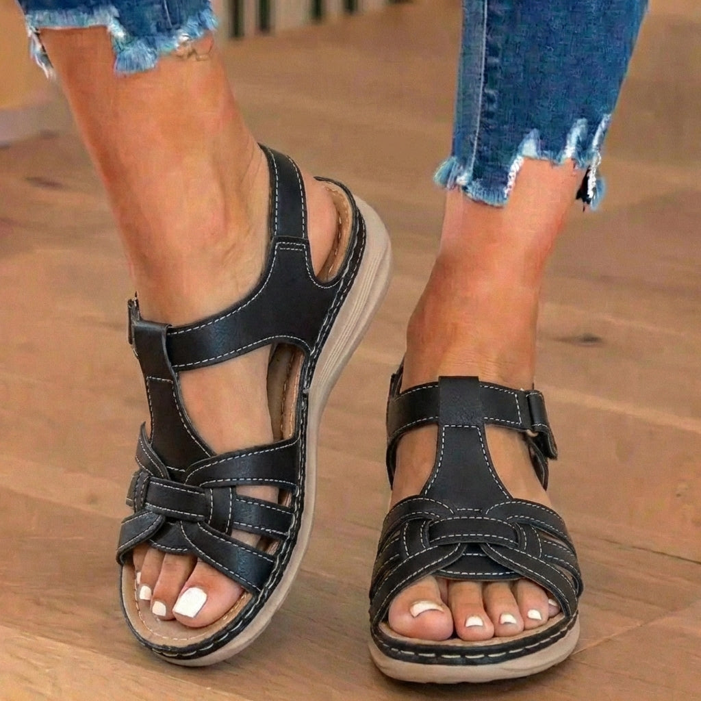 Orthopedic Leather Braided T-Strap Sandals - Ankle Buckle & Cork Sole