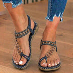 Orthopedic Leather Beaded Toe-Ring Sandals - Floral Embellishment & Hand-Stitched Detail