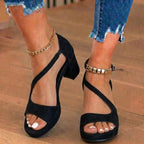 Orthopedic Suede Block Heel Sandals - Metallic Beaded Ankle Strap