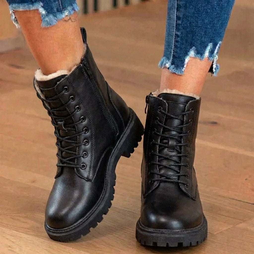 Orthopedic Leather Combat Boots - Sherpa-Lined Lace-Up Design