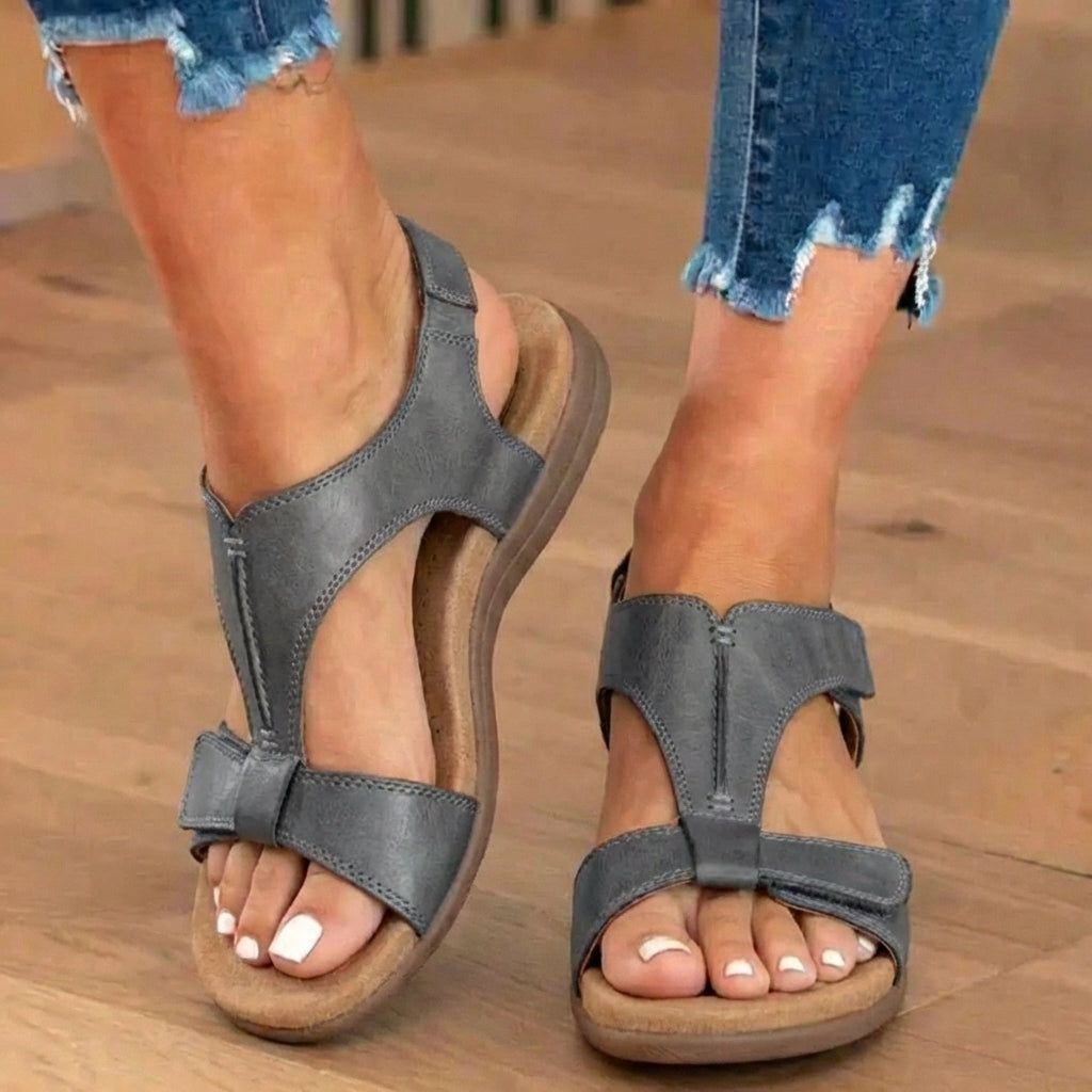 Orthopedic Leather Ankle-Strap Sandals - Contoured T-Bar Cork Footbed