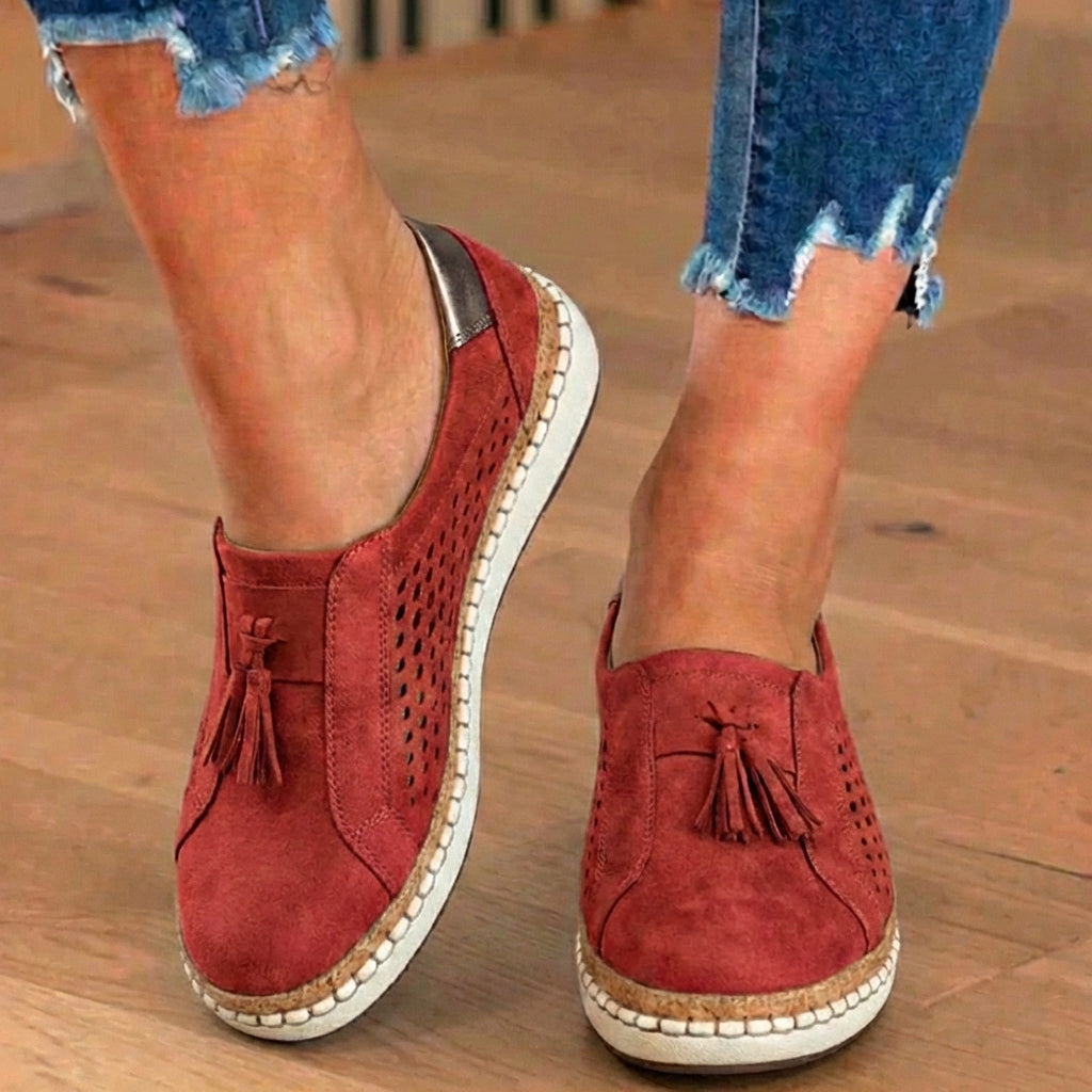 Orthopedic Leather Slip-On Sneakers - Tassel & Perforated Detail