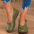 Orthopedic Leather Slingback Wedges - Perforated Floral Cutout Pattern