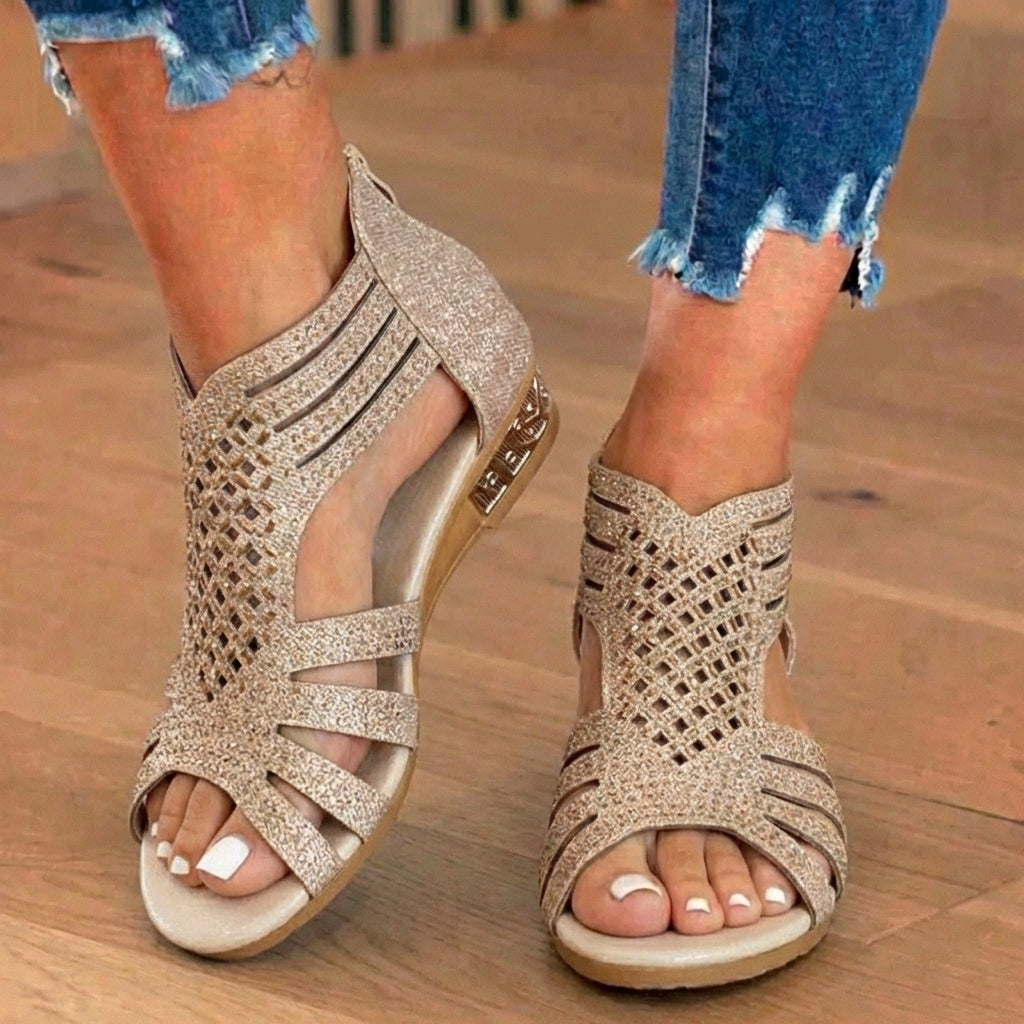 Orthopedic Glitter Gladiator Wedge Sandals - Multi-Strap Geometric Cutout