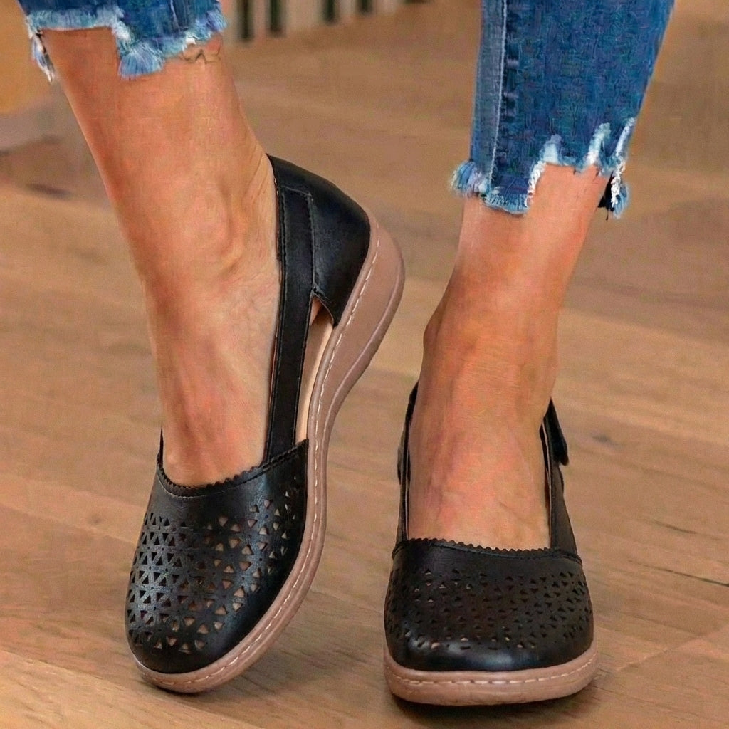Orthopedic Leather Slip-On Loafers - Geometric Laser-Cut Pattern