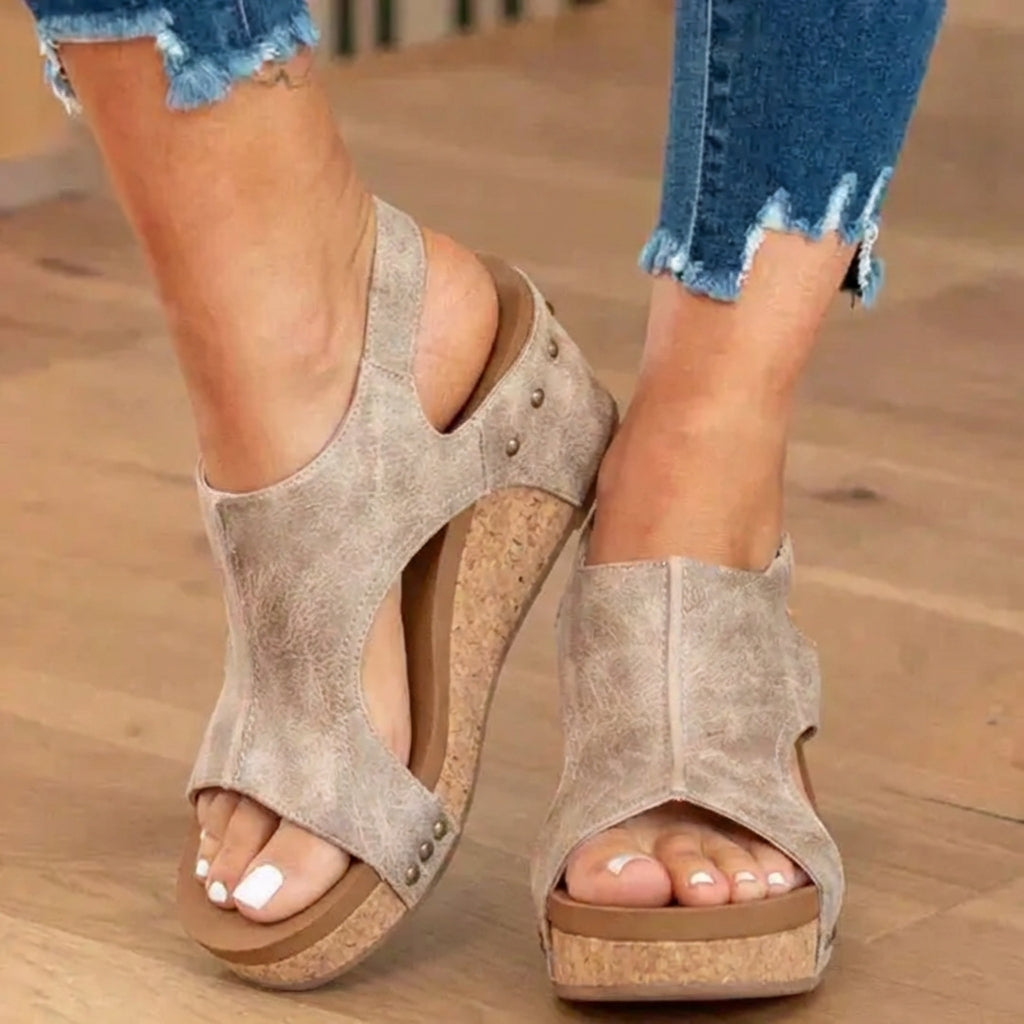 Orthopedic Leather Studded Platform Wedges - Cork & Cutout Design