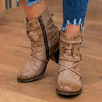 Orthopedic Leather Multi-Strap Ankle Boots - Side Zip Buckle