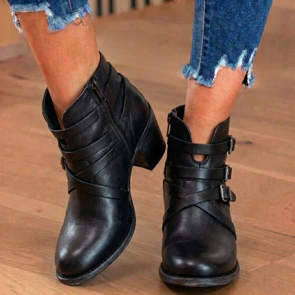 Orthopedic Leather Multi-Strap Ankle Boots - Side Zip Buckle