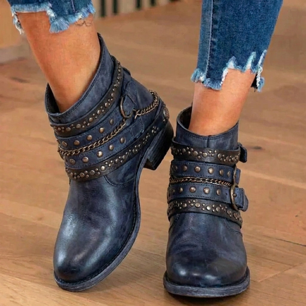 Orthopedic Leather Studded Ankle Boots - Chain & Rivet Detail