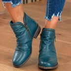 Orthopedic Leather Ruched Ankle Boots - Side Zip Low Heel