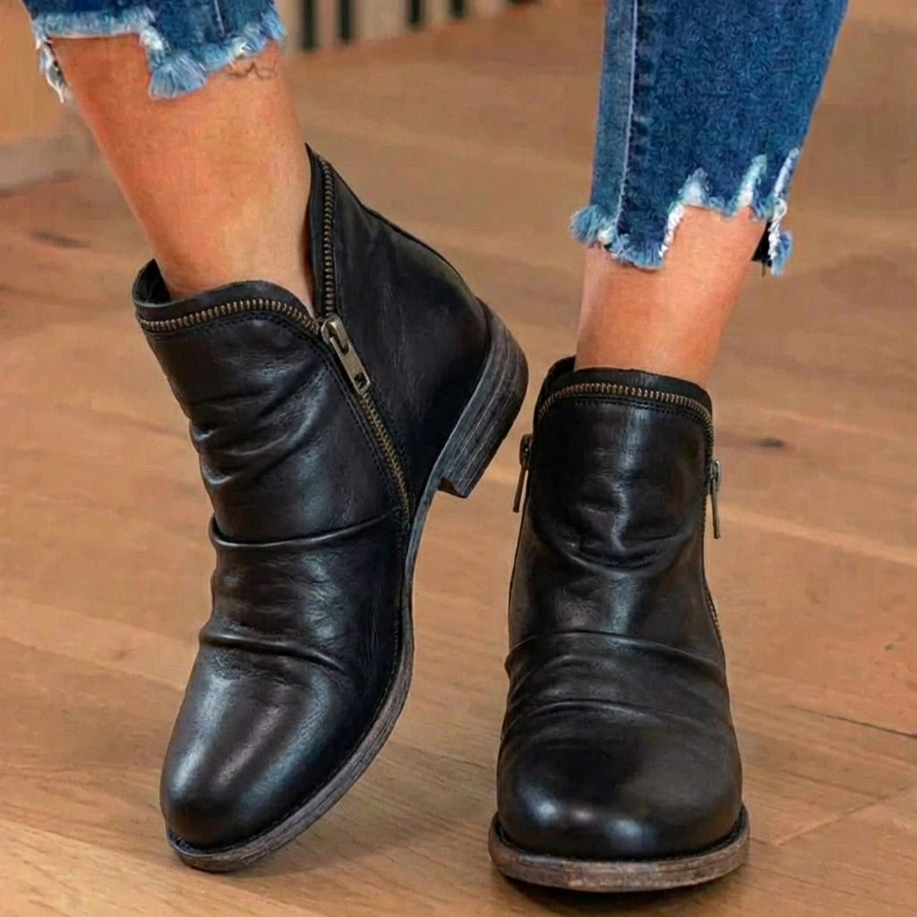 Orthopedic Leather Ruched Ankle Boots - Side Zip Low Heel