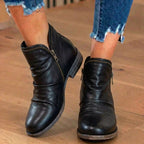 Orthopedic Leather Ruched Ankle Boots - Side Zip Low Heel