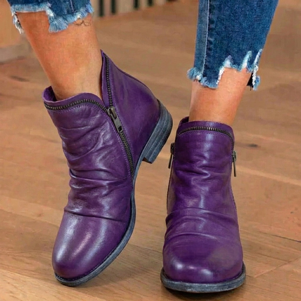 Orthopedic Leather Ruched Ankle Boots - Side Zip Low Heel