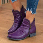 Orthopedic Leather Ruched Ankle Boots - Side Zip Low Heel