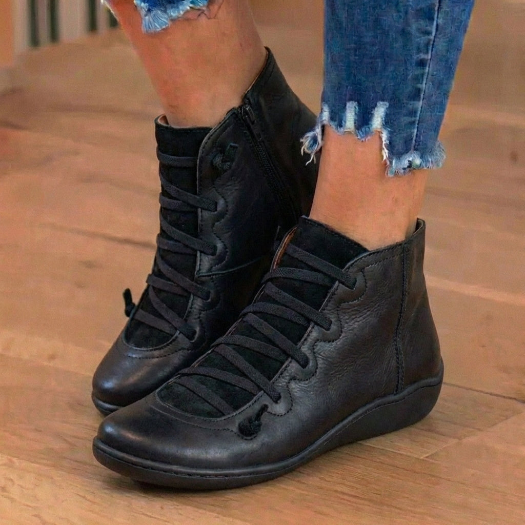 Orthopedic Leather Lace-Up Ankle Boots - Combat Style Side Zip