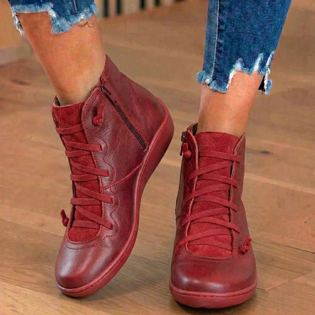 Orthopedic Leather Lace-Up Ankle Boots - Combat Style Side Zip