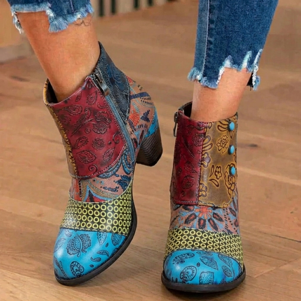 Orthopedic Bohemian Patchwork Ankle Boots - Embossed Leather
