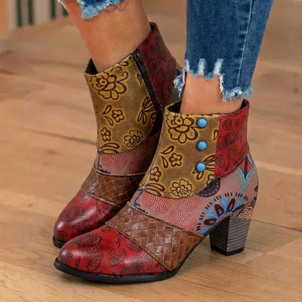 Orthopedic Bohemian Patchwork Ankle Boots - Embossed Leather