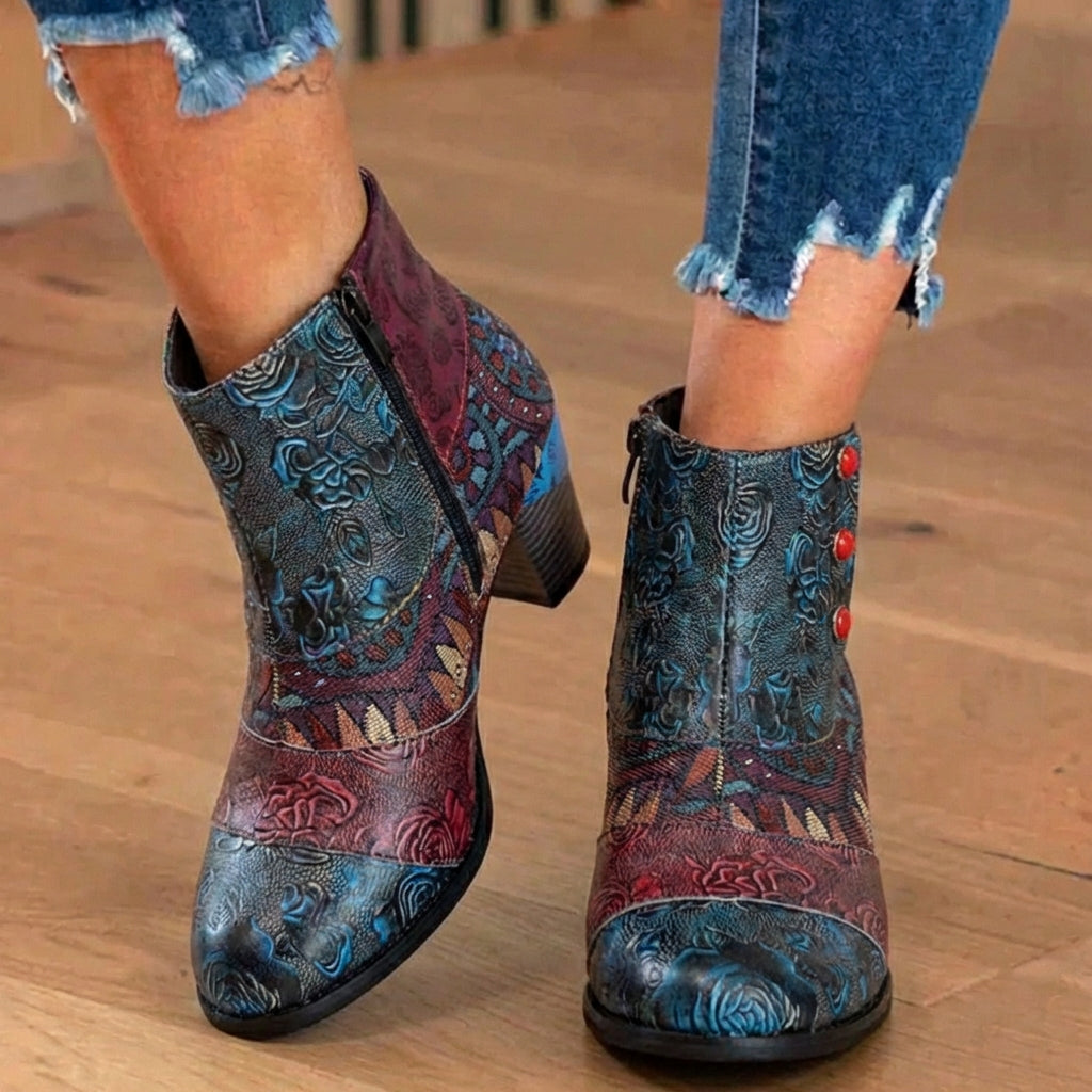 Orthopedic Bohemian Patchwork Ankle Boots - Embossed Leather