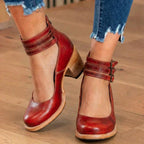 Orthopedic Leather Ankle Boots - Block Heel Double Buckle Strap